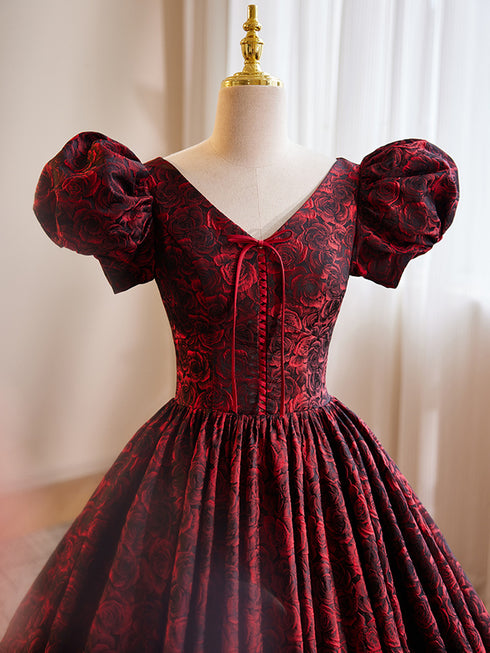 A-line Black and Red Lace Short Sleeves Party Dress, Black and Red Long Formal Dress