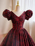 A-line Black and Red Lace Short Sleeves Party Dress, Black and Red Long Formal Dress