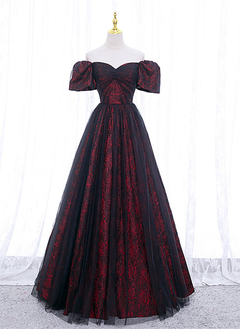 Black and Red Lace Sweetheart Long Party Dress, Black and Red A-line Prom Dress