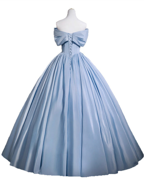 A-line Light Blue Satin Off Shoulder Prom Dress, Light Blue Sweetheart Formal Gowns