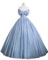 A-line Light Blue Satin Off Shoulder Prom Dress, Light Blue Sweetheart Formal Gowns
