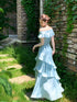 Light Blue Off Shoulder Sweetheart Long Formal Dress, Light Blue Ruffled Floor Length Party Dress