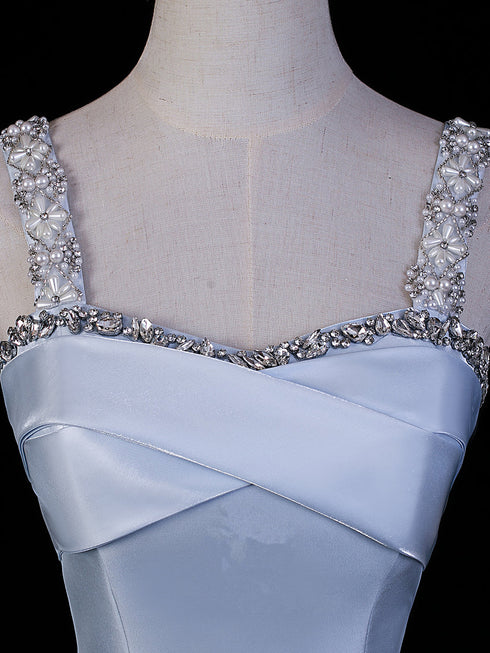 Light Blue Beaded Straps Tea Length Party Dress, Light Blue Wedding Party Dress Formal Dress