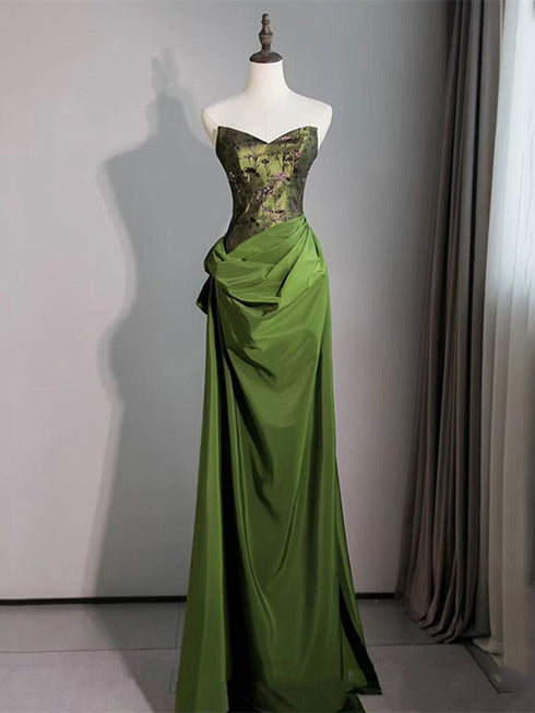 Green Satin V-neckline Floor Length Party Dress, Green Long Prom Dress