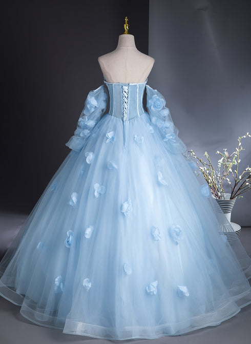 Blue Flowers and Tulle Puffy Sleeves Prom Dress, Blue Sweet 16 Dress