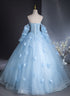 Blue Flowers and Tulle Puffy Sleeves Prom Dress, Blue Sweet 16 Dress