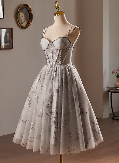 Grey Sweetheart Tulle Beaded Straps Homecoming Dress, Grey Tulle Prom Dress
