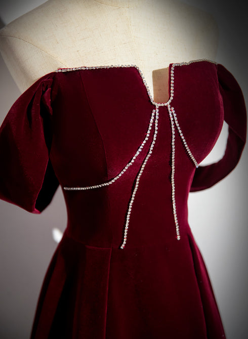 Wine Red Velvet Long Off Shoulder Prom Dress, Wine Red Velvet Party Dress