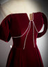 Wine Red Velvet Long Off Shoulder Prom Dress, Wine Red Velvet Party Dress