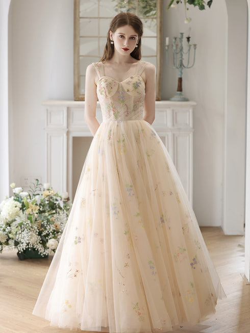 Light Champagne Floral Tulle Off Shoulder Party Dress, A-line Floral Prom Dress