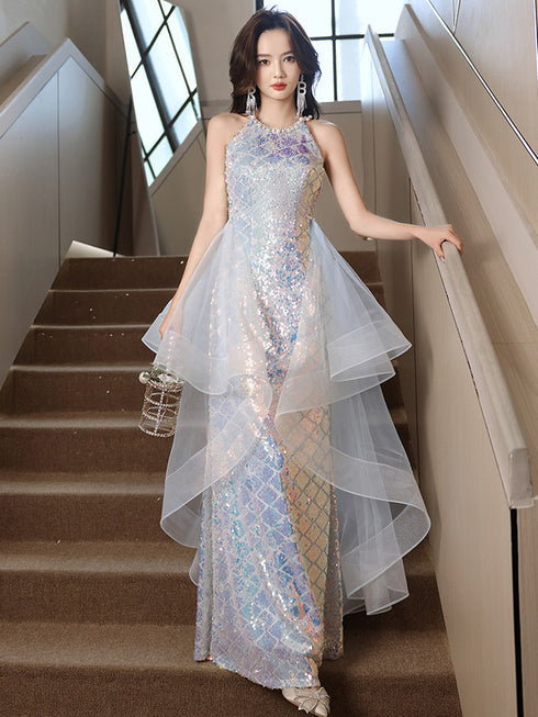 Cute Sequins Halter Party Dress with Layered Tulle High-Low Skirt, Long Formal Dress Prom Dress