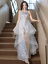 Cute Sequins Halter Party Dress with Layered Tulle High-Low Skirt, Long Formal Dress Prom Dress