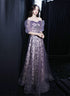 Purple Short Sleeves Tulle Sweetheart Party Dress, A-line Purple Tulle Prom Dress