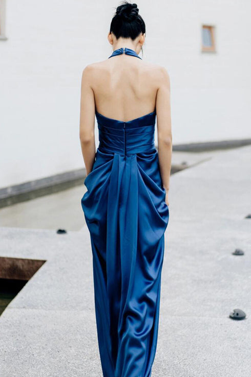 Blue Satin Halter Prom Dress, Blue Low Back Ruched Floor Length Evening Gown