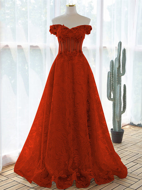 Red A-line Off Shoulder Lace Flowers Prom Dress, Red Lace Long Party Dress