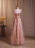 Pink V-neckline Tulle Beaded with Lace Applique Prom Dress, Pink Party Dress