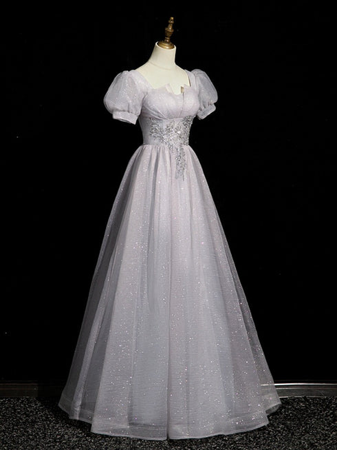 A-line Light Grey Short Sleeves Long Party Dress, Sweetheart Chic Prom Dress Evening Dress