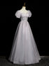 A-line Light Grey Short Sleeves Long Party Dress, Sweetheart Chic Prom Dress Evening Dress
