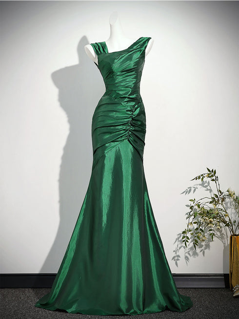 Green Satin Mermaid Simple Evening Gown Formal Dress, Green Satin Long Prom Dress