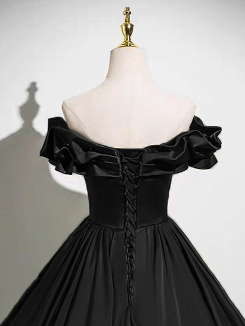 A-line Black Satin Sweetheart Off Shoulder Prom Dress, Black Satin Beaded Evening Dress