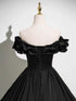 A-line Black Satin Sweetheart Off Shoulder Prom Dress, Black Satin Beaded Evening Dress
