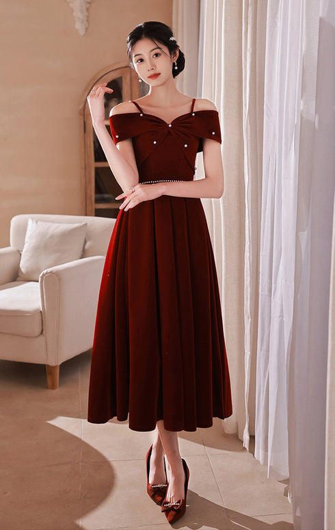 Wine Red Off Shoulder Straps Tea Length Formal Dress, Wine Red Homecoming Dress