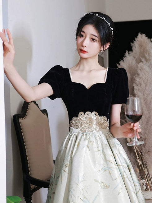 Lovely Short Sleeves Satin and Velvet Party Dress, Sweetheart Short Homecoming Dress