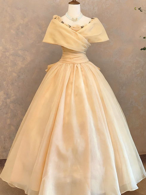 Champagne Off Shoulder Organza Ball Gown Prom Dress, A-line Long Formal Dress with Flowers