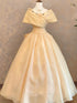Champagne Off Shoulder Organza Ball Gown Prom Dress, A-line Long Formal Dress with Flowers
