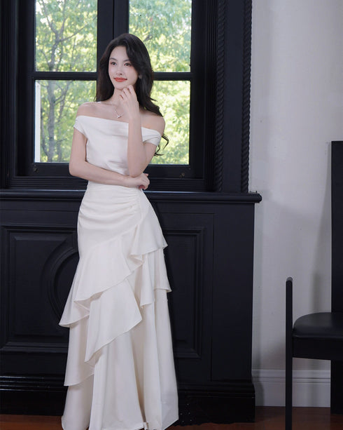 White Satin Layers Long Graduation Dress, White Floor Length Wedding Party Dress