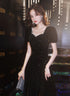 Black Short Sleeves A-line Velvet Long Prom Dress, Black Evening Dress Party Dress