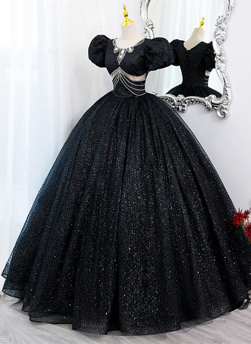 Glam Black Tulle Beaded Short Sleeves Prom Dress, Black Tulle Formal Dress Sweet 16 Dress