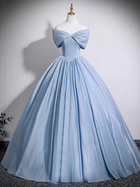 A-line Light Blue Satin Off Shoulder Prom Dress, Light Blue Sweetheart Formal Gowns