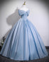 A-line Light Blue Satin Off Shoulder Prom Dress, Light Blue Sweetheart Formal Gowns