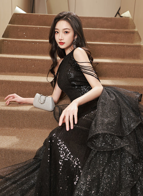 Black Halter Sequins and Tulle Long Party Dress, Black Chic Party Dress Prom Dress