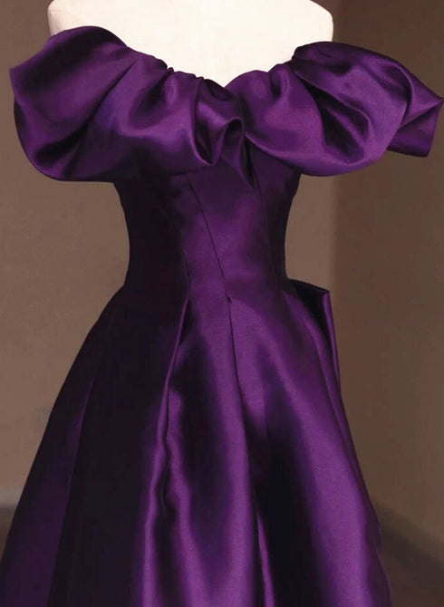 Purple Satin A-line Off Shoulder Long Evening Dress, Purple Satin Prom Dress