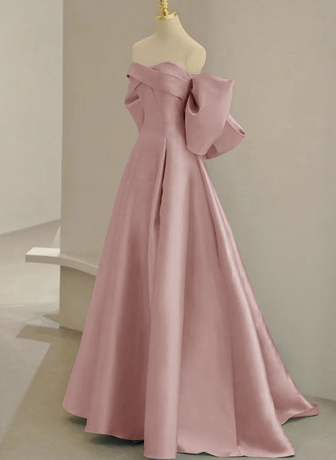Pink Off Shoulder Satin Long Simple Party Dress, Pink Satin Prom Dress