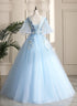 Light Blue Ball Gown V-neckline Puffy Sleeves Party Dress, Light Blue Prom Dress