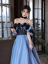 Blue Satin Off Shoulder Black Lace Long Party Dress, A-line Blue Prom Dress Evening Dress
