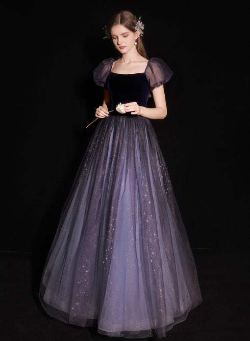 A-line Purple Short Sleeves Tulle and Velvet Long Prom Dress, Long Party Dress