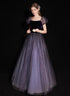 A-line Purple Short Sleeves Tulle and Velvet Long Prom Dress, Long Party Dress