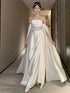 White Satin Off Shoulder Wedding Party Dress, White A-line Long Evening Dress Prom Dress