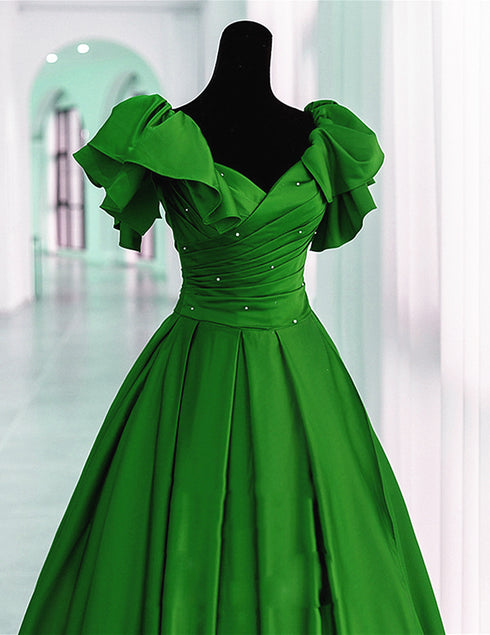 Green Satin Off Shoulder Long Party Dress, A-line Green Prom Dress Evening Dress