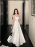 White Satin A-line Straps Floor Length Party Dress, White Wedding Party Dress
