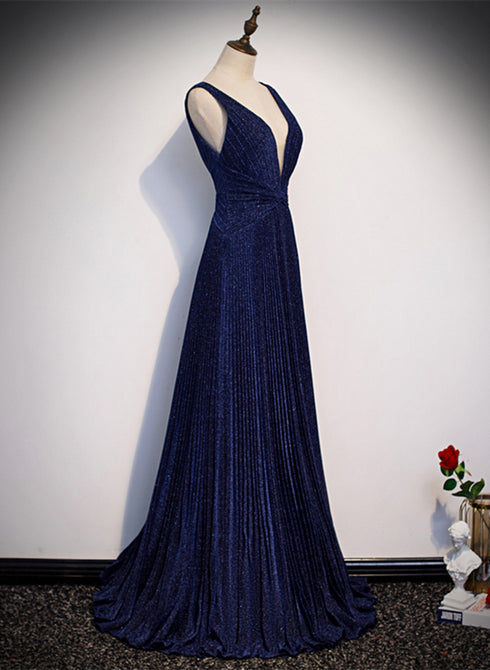A-line Navy Blue V-neckline Long Party Dress, Navy Blue Long Prom Dress