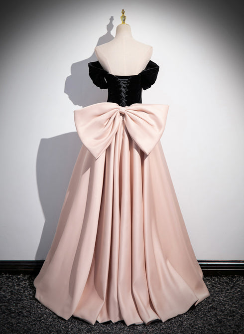 Pink and Black Off Shoulder Long Party Dress with Bow, Pink Long Evening Dress
