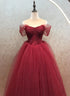 Wine Red Sweetheart Beaded Off Shoulder Party Dress, Wine Red Tulle Formal Dress