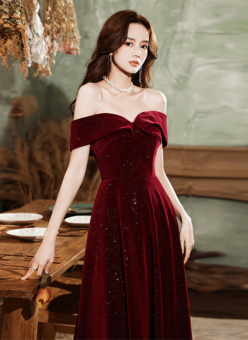 Wine Red Velvet Off Shoulder Long Party Dress, A-line Wine Red Prom Dress Evening Dress