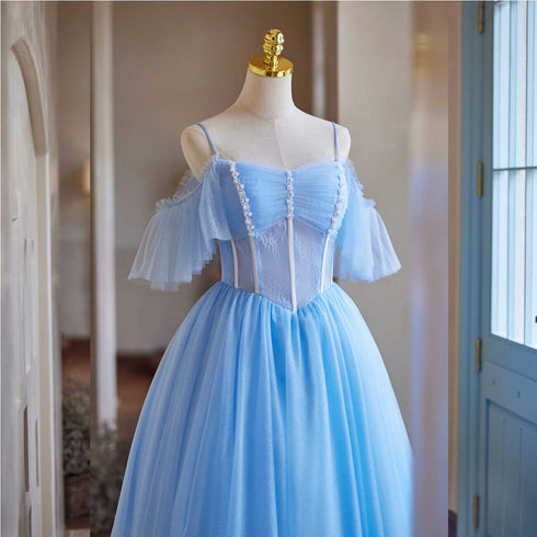 A-line Tulle Beaded Off Shoulder Homecoming Dress, Blue Prom Dress