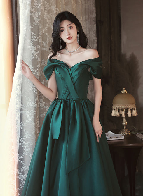 Green Satin Off Shoulder Long Party Dress, Green A-line Chic Prom Dress